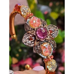 RARE Vintage Liztech Copper and Silver Tone Floral Beaded Cuff Bracelet